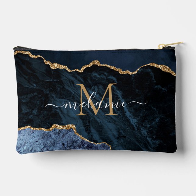Navy Blue Gold Glitter Custom Letter Your Name Accessory Pouch (Back)