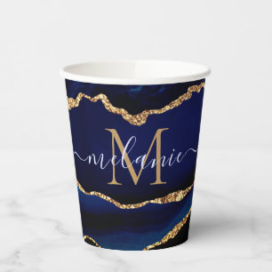 Navy Blue Gold Glitter Custom Name Paper Cups