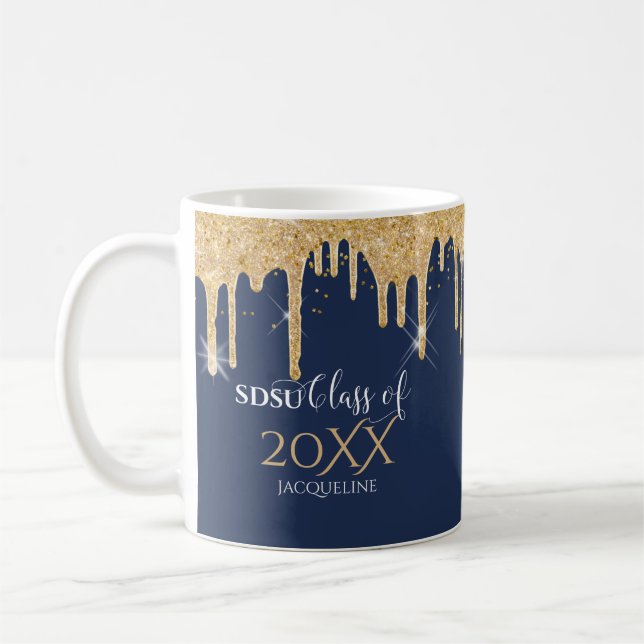 Navy Blue Gold Glitter Drips High School Class of Coffee Mug (Left)