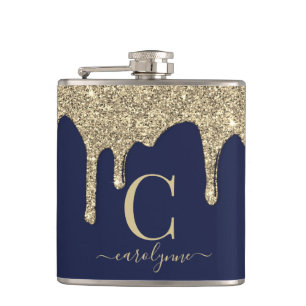 Navy Blue Gold Glitter Drips Monogram Hip Flask