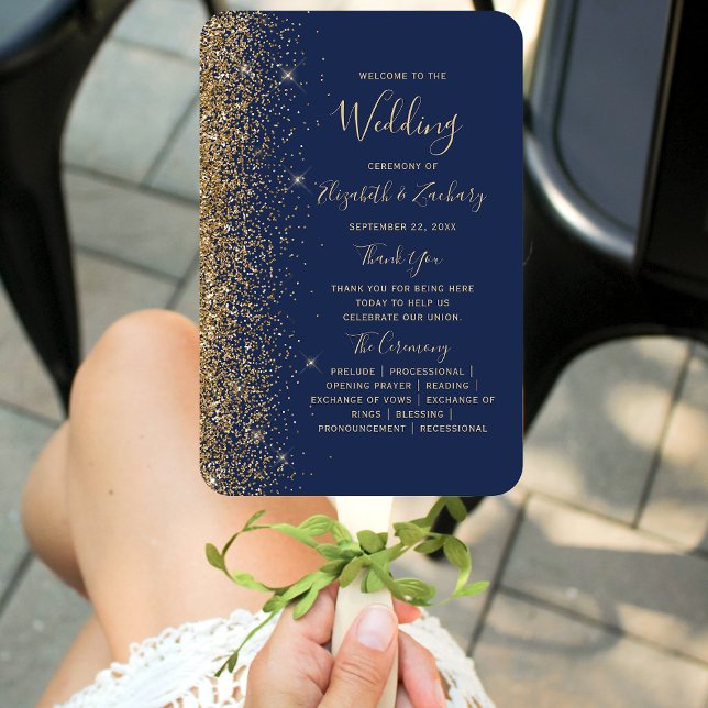 Navy Blue Gold Glitter Edge Wedding Program Hand Fan (Creator Uploaded)