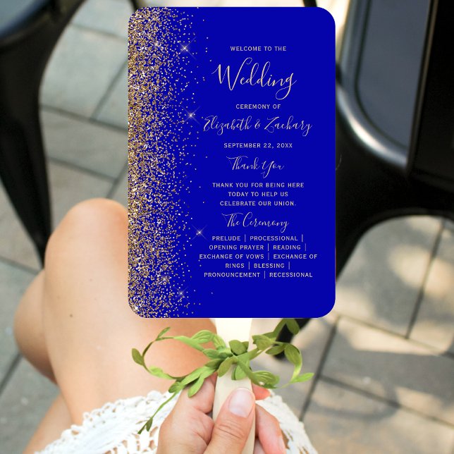 Navy Blue Gold Glitter Edge Wedding Program Hand Fan (Creator Uploaded)