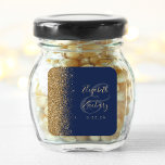 Navy Blue Gold Glitter Edge Wedding Square Sticker<br><div class="desc">This elegant modern wedding sticker features a faux gold glitter design on the left margin. Easily customise the gold coloured text on a navy blue background,  with the names of the bride and groom in handwriting calligraphy superimposed on a large ampersand.</div>