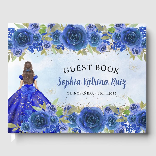 Navy Blue Gold Glitter Floral Princess Quinceañera Guest Book (Front)