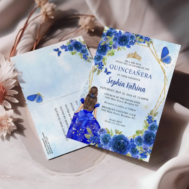 Navy Blue Gold Glitter Floral Princess Quinceañera Invitation Postcard (Creator Uploaded)
