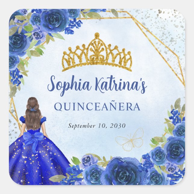 Navy Blue Gold Glitter Floral Princess Tiara Favou Square Sticker (Front)