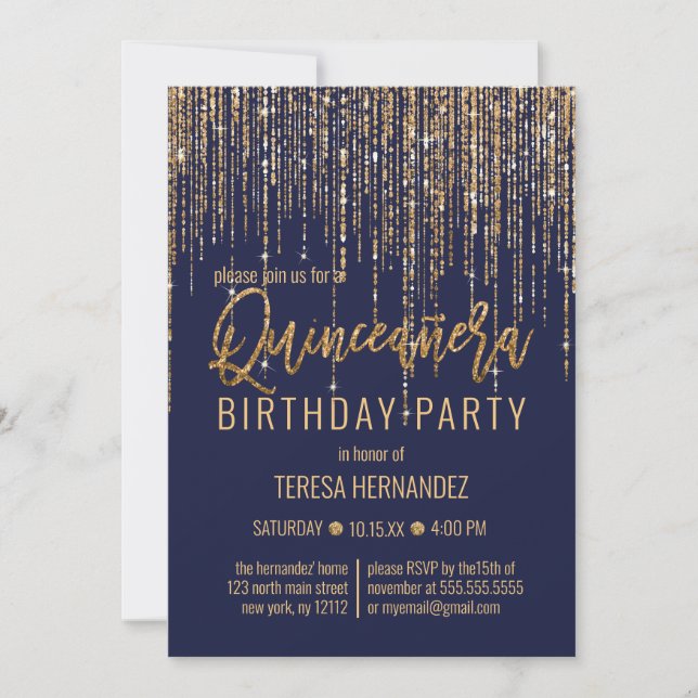 Navy Blue Gold Glitter Fringe Curtain Quinceañera Invitation (Front)