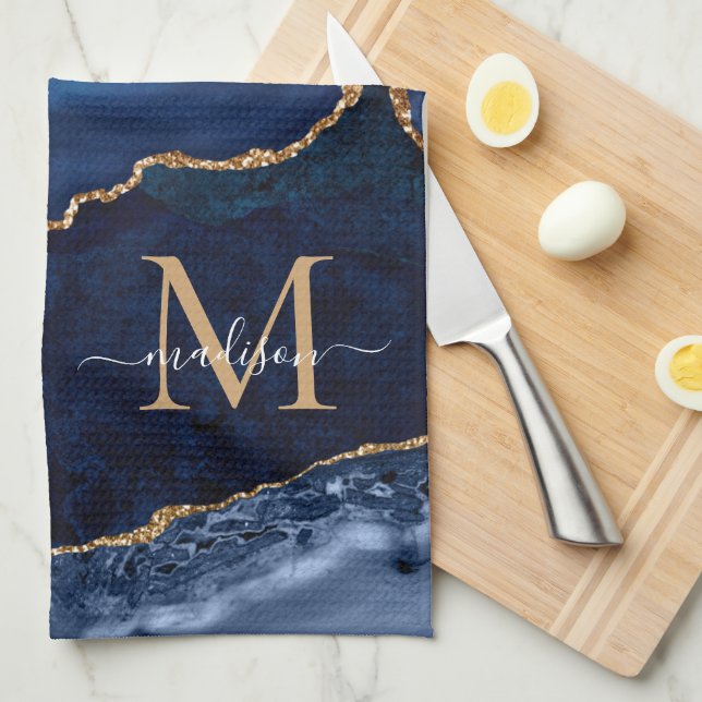 Navy Blue Gold Glitter Geode Marble Chic Monogram Tea Towel (Quarter Fold)