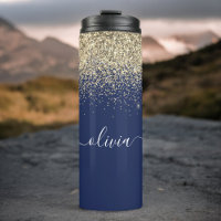 Navy Blue Gold Glitter Girly Fitness Monogram Name