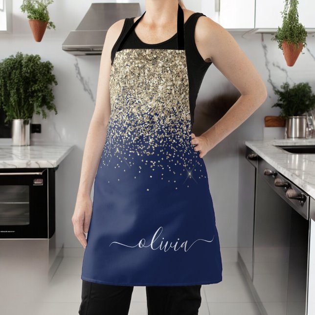 Navy Blue Gold Glitter Girly Monogram Name Apron (Creator Uploaded)