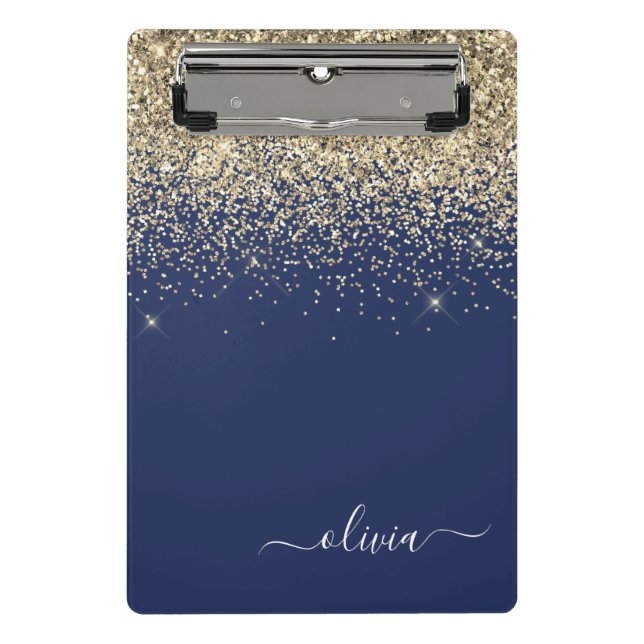 Navy Blue Gold Glitter Girly Monogram Name Mini Clipboard (Front)