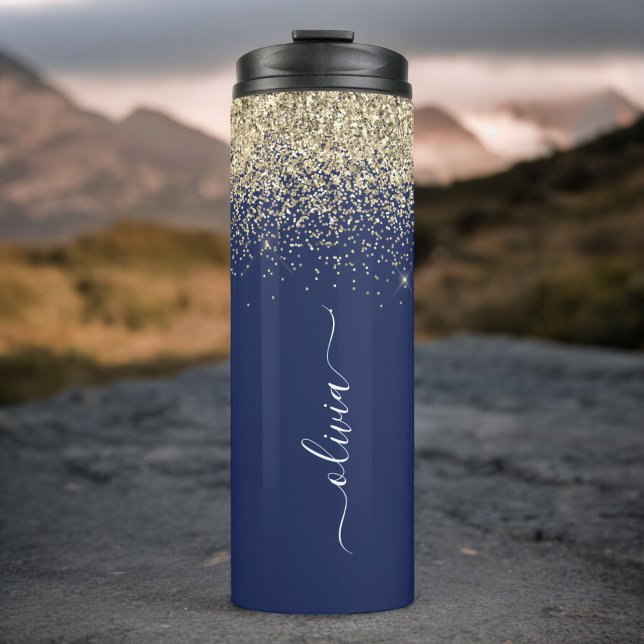 Navy Blue Gold Glitter Girly Monogram Name Thermal Tumbler (Creator Uploaded)