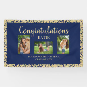 Navy Blue Gold Glitter Graduation Party Photo Banner