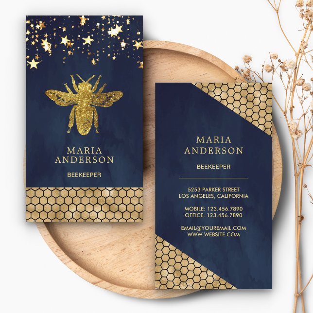 Navy Blue Gold Glitter Honey Bee Beekeeper Business Card (Creator Uploaded)