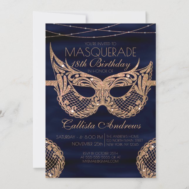 Navy Blue Gold Glitter Lace Masquerade Birthday Invitation (Front)