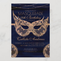 Navy Blue Gold Glitter Lace Masquerade Birthday