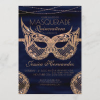 Navy Blue Gold Glitter Lace Masquerade Quinceañera