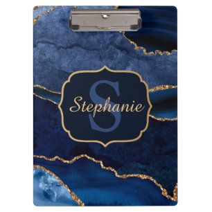 Navy Blue & Gold Glitter Marble Agate Monogram Clipboard