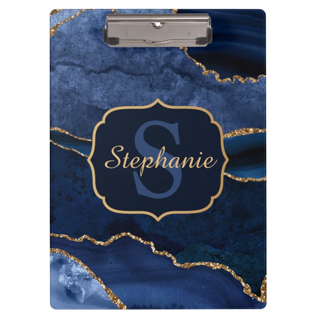 Navy Blue & Gold Glitter Marble Agate Monogram Clipboard (Front)