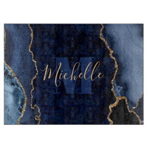 Navy Blue & Gold Glitter Marble Agate Monogram Cutting Board