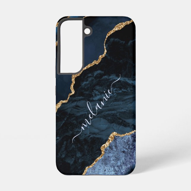 Navy Blue Gold Glitter Marble Custom Your Name Samsung Galaxy S22 Case (Back)