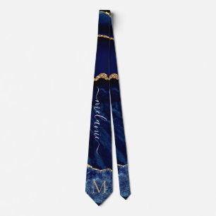 Navy Blue Gold Glitter Marble Letter Name Neck Tie
