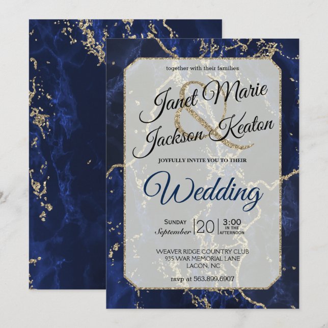 Navy Blue Gold Glitter Marble Wedding Invitation (Front/Back)