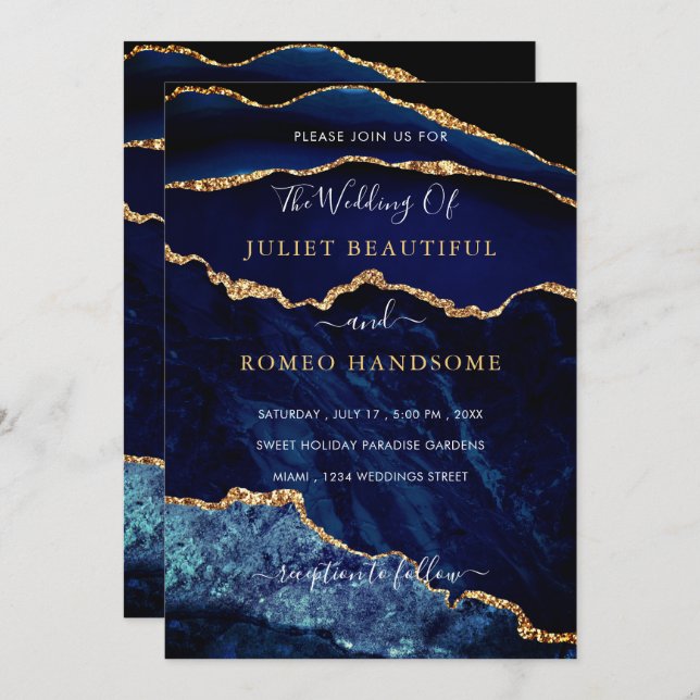 Navy Blue Gold Glitter Marble Wedding Invitation (Front/Back)