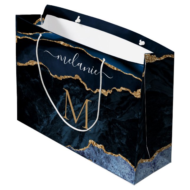 Navy Blue Gold Glitter Monogram Your Name Gift Bag (Back Angled)