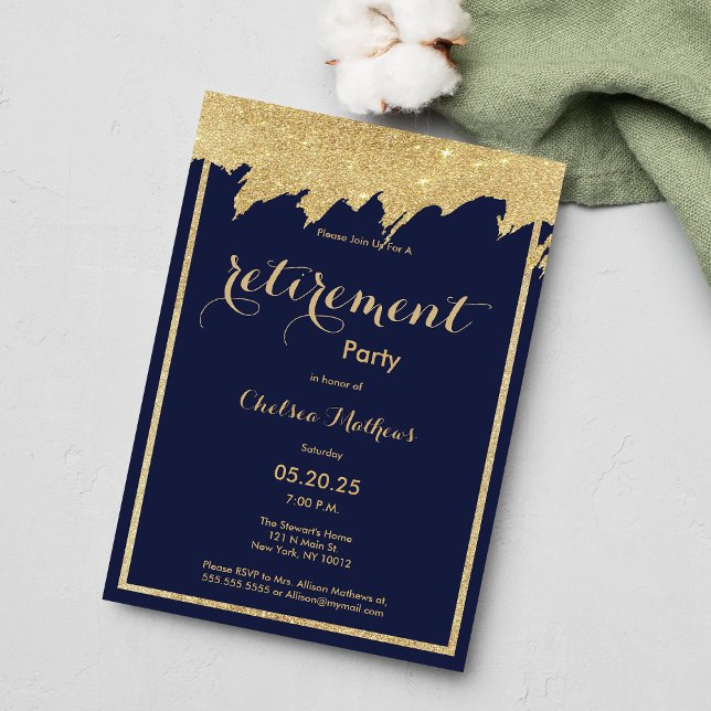 Navy blue gold glitter Retirement Party Invitation (Navy blue gold glitter Retirement Party )