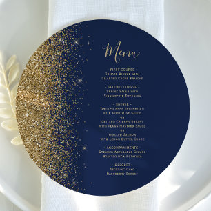 Navy Blue Gold Glitter Round Wedding Menu
