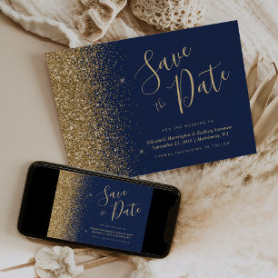Navy Blue Gold Glitter Script Save the Date Invitation