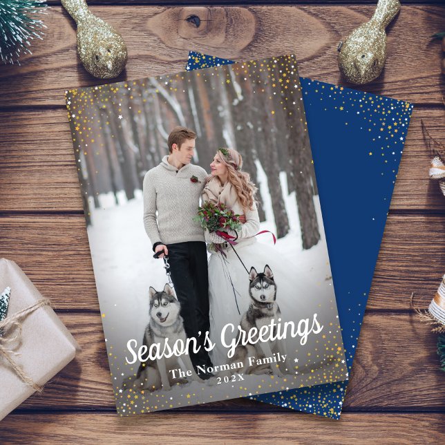 Navy Blue Gold Glitter Season’s Greetings Photo Holiday Card (Creator Uploaded)