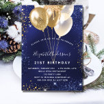 Navy blue gold glitter sparkle balloons birthday invitation<br><div class="desc">A modern,  stylish and glamourous invitation for a 21st (or any age) birthday party.  A navy blue background,  decorated with blue and faux gold glitter sparkles and golden balloons. The blue colour is uneven. Personalise and add your name and party details.</div>