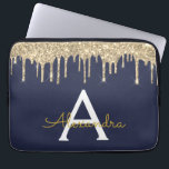 Navy Blue Gold Glitter Sparkle Monogram Laptop Sleeve<br><div class="desc">Navy Blue and Gold Faux Dripping Modern and Elegant Girly Glitter and Sparkle Elegant Monogram Case. This case can be customised to include your initial and first name.</div>