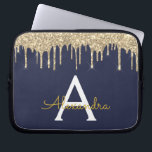 Navy Blue Gold Glitter Sparkle Monogram Laptop Sleeve<br><div class="desc">Navy Blue and Gold Faux Dripping Modern and Elegant Girly Glitter and Sparkle Elegant Monogram Case. This case can be customised to include your initial and first name.</div>