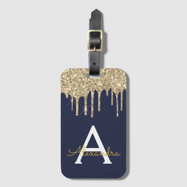 Navy Blue Gold Glitter Sparkle Monogram Luggage Tag (Front Vertical)