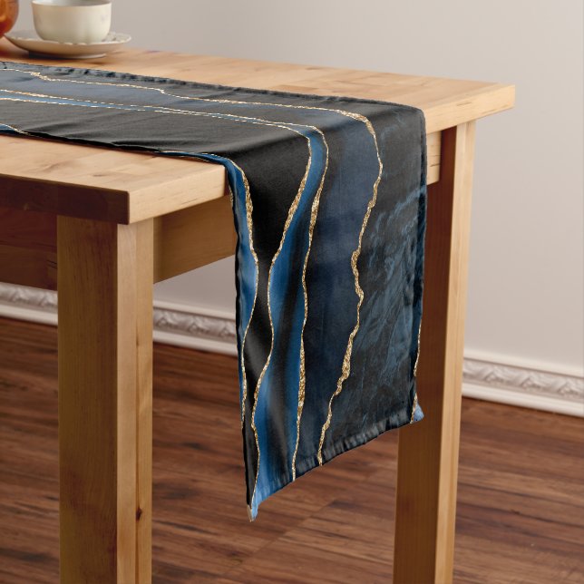 Navy Blue Gold Glitter Sparkly Marble Table Runner (In Situ)