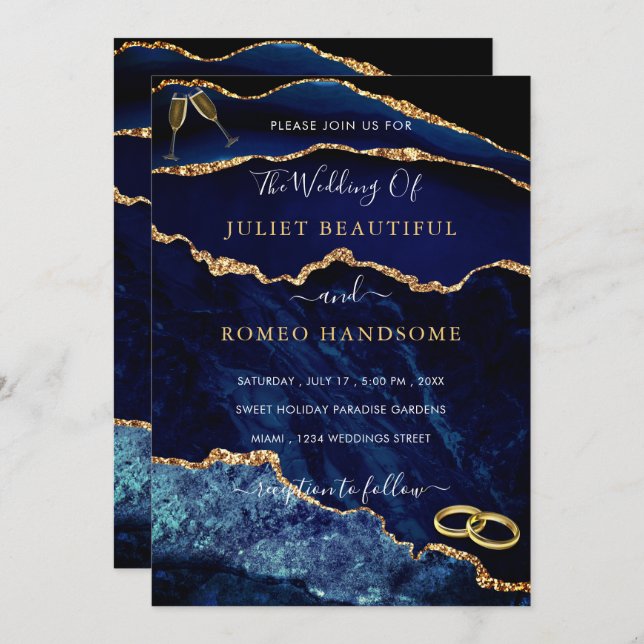 Navy Blue Gold Glitter Sparkly Wedding Invitation (Front/Back)