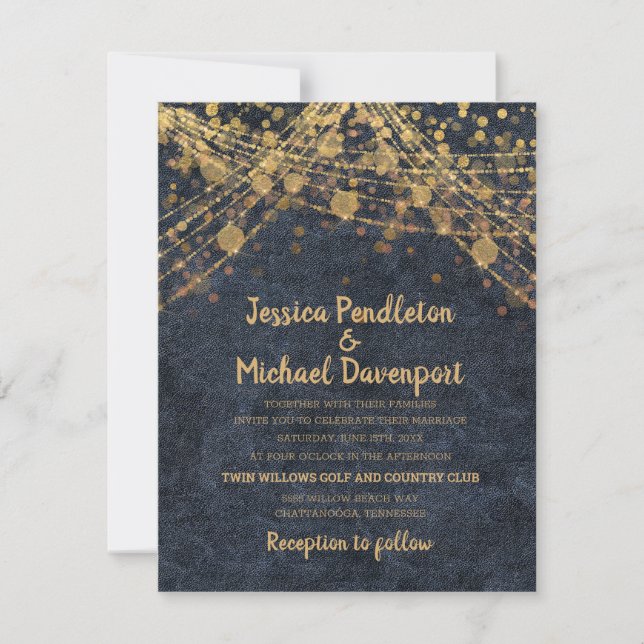 Navy Blue Gold Glitter String Lights Wedding Invitation (Front)