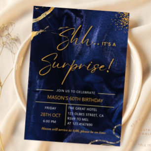 Navy Blue Gold Glitter Surprise 60th Birthday Invitation