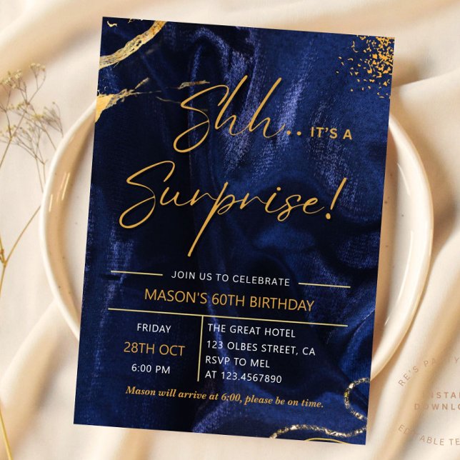 Navy Blue Gold Glitter Surprise 60th Birthday Invitation (Creator Uploaded)