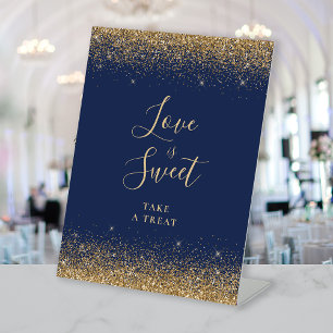 Navy Blue Gold Glitter Wedding Love Is Sweet Pedestal Sign