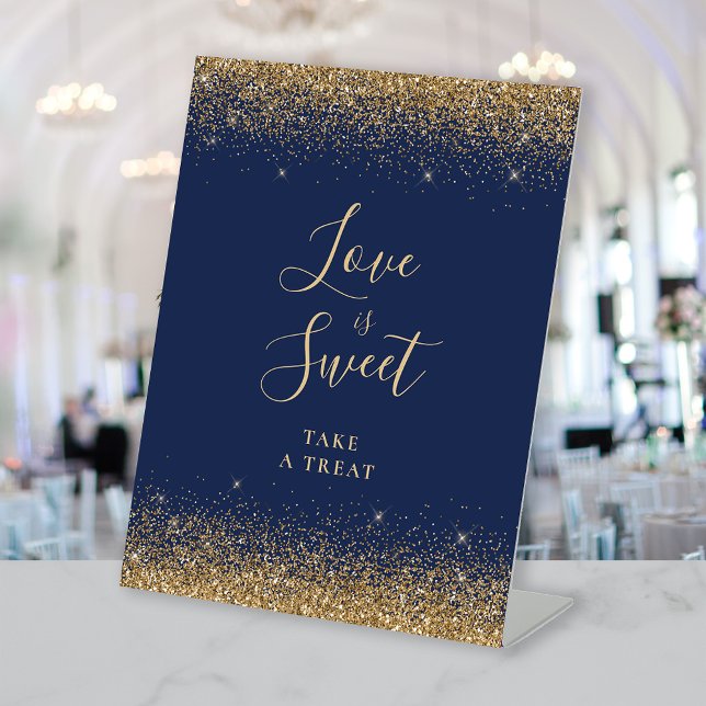 Navy Blue Gold Glitter Wedding Love Is Sweet Pedestal Sign (Creator Uploaded)