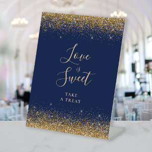 Navy Blue Gold Glitter Wedding Love Is Sweet Pedestal Sign