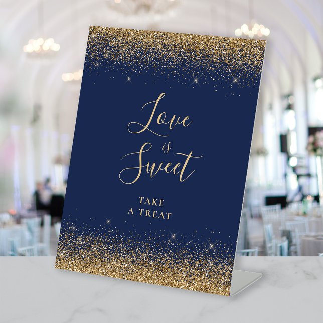Navy Blue Gold Glitter Wedding Love Is Sweet Pedestal Sign (Creator Uploaded)