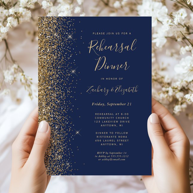 Navy Blue Gold Glitter Wedding Rehearsal Dinner Invitation (Creator Uploaded)