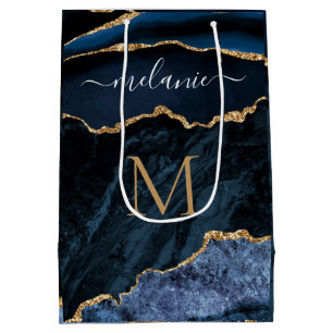 Navy Blue Gold Glitter Your Name Letter Gift Bag