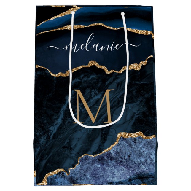 Navy Blue Gold Glitter Your Name Letter Gift Bag (Back)