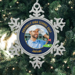 Navy Blue Gold Golfer Photo High School Golf Team Snowflake Pewter Christmas Ornament<br><div class="desc">This cool customized high school golf team photo gift features gold typography of your golfer name on a navy blue Christmas ornament with a cute golfing icon. Personalize with your student's photograph and class year as a proud sports parent.</div>
